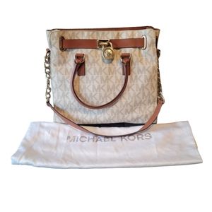 EUC Michael Kors MK AOP Logo Hamilton  Purse Tote Shoulder Bag Cream & Brown